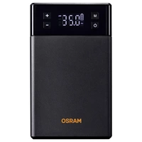 Elektrische Luftpumpe mit digitalem Display zeigt '35.0 PSI'. Oben Plus-, Minus-, Memory- und Power-Taste; OSRAM-Logo unten.